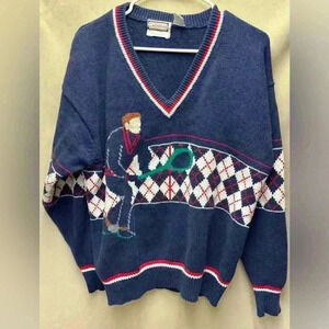 Rare Lazarus Vintage Hand-loomed Sweater Tennis Player Argyle Design Size Large